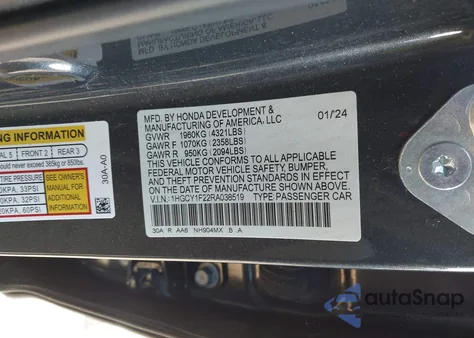 2024 Honda Accord Lx from USA, damaged, VIN 1HGCY1F22RA038519
